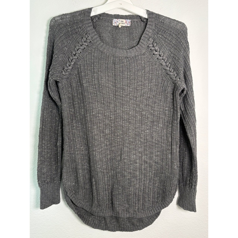 Pink Republic Gray Ribbed Knit Sweater Braided‎ Shoulder High Low Hem Large